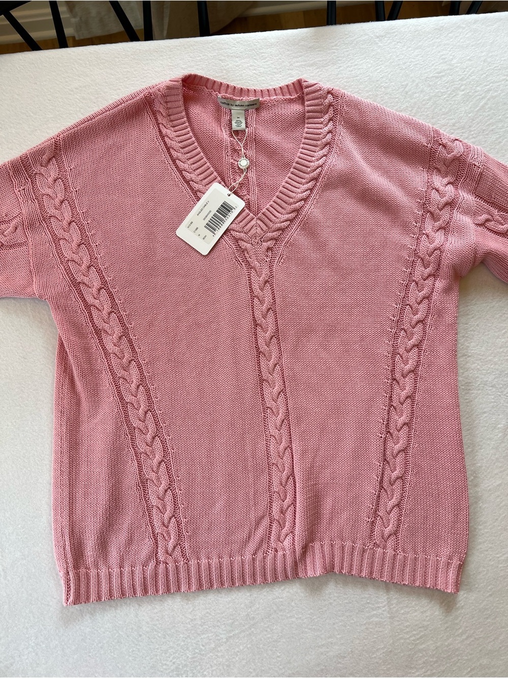 Cotton by Autumn Cashmere Women’s Pink V-Neck Cable Knit Sweater 3/4 sleeve M